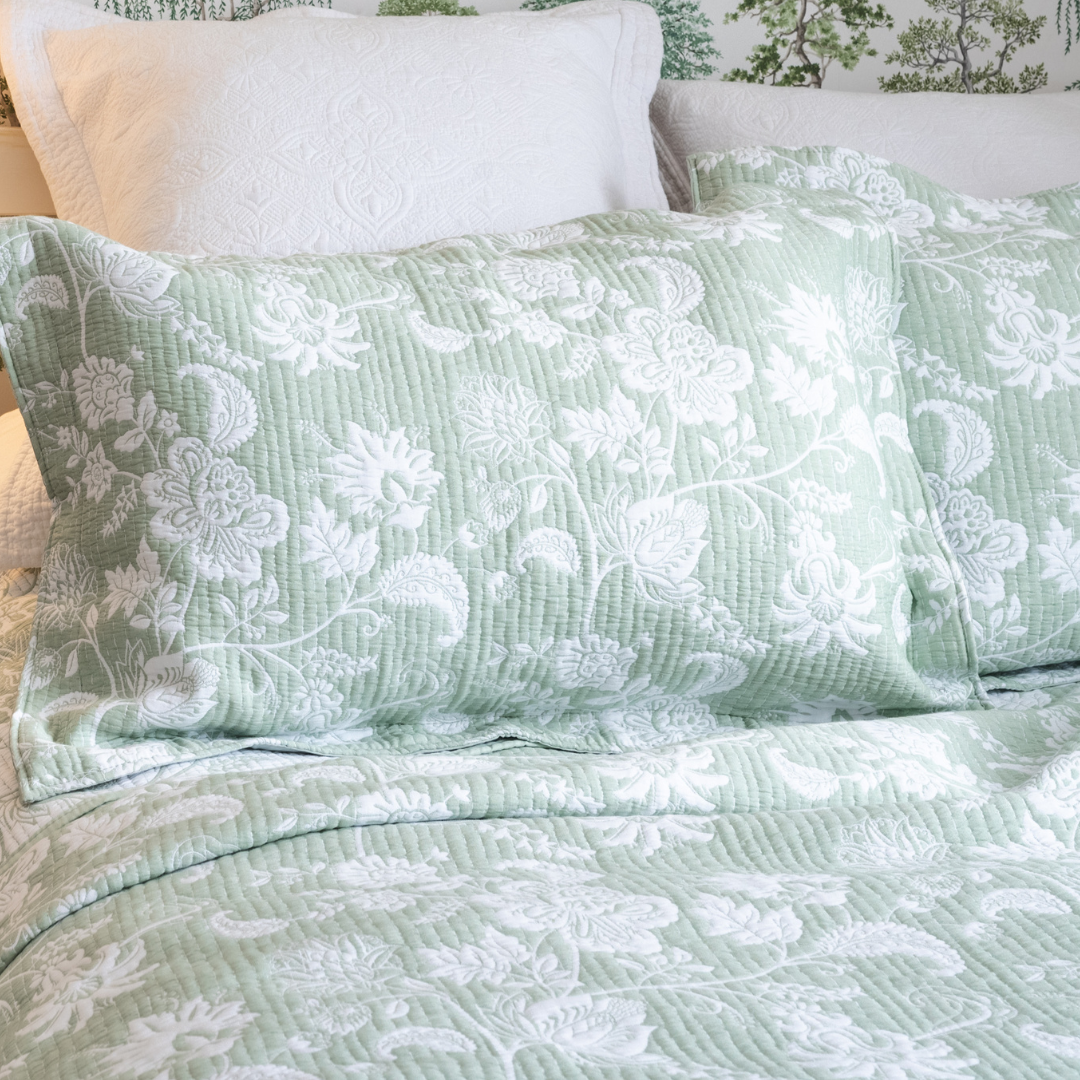 Jacquard Style Floral Bedspread | Sage Green & White