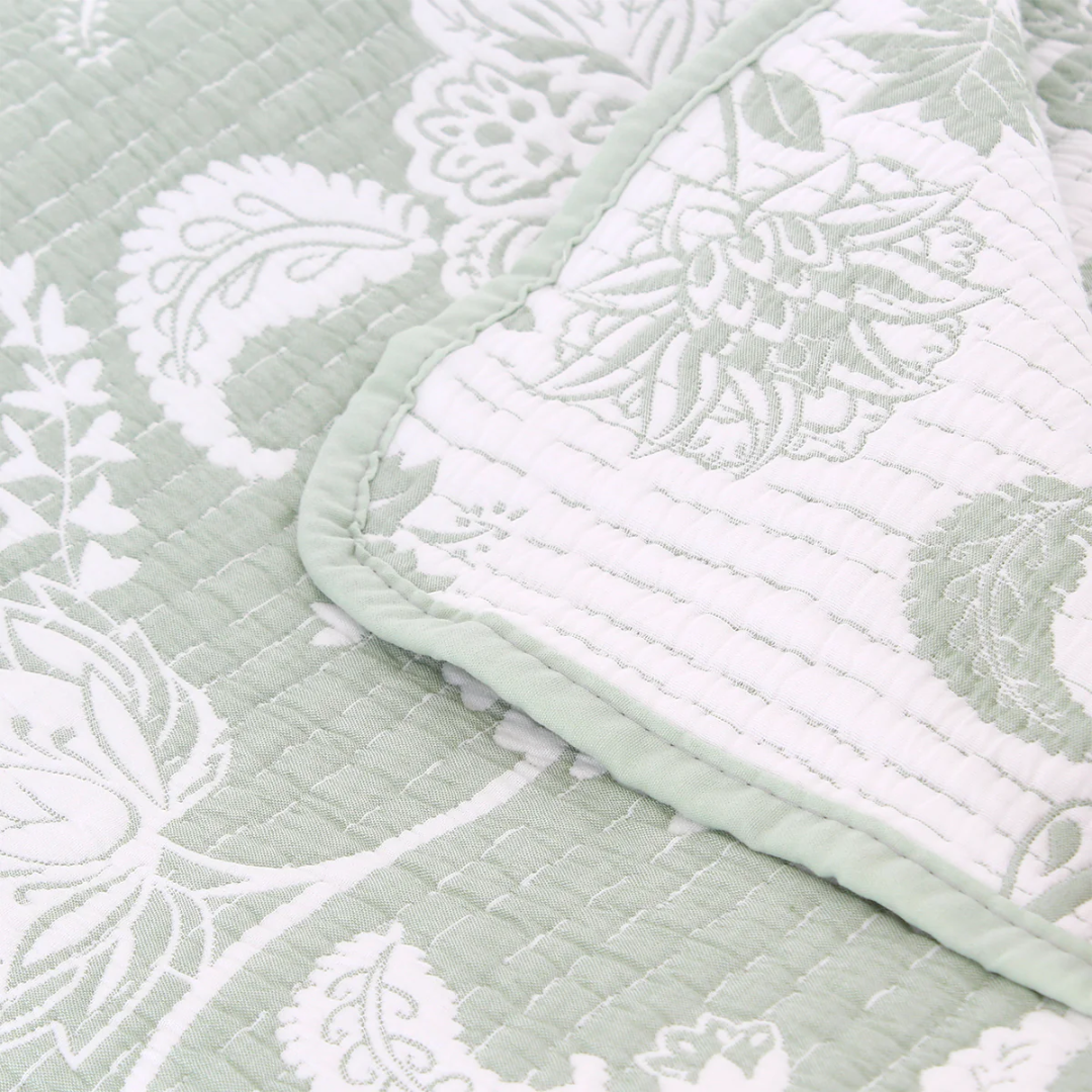 Jacquard Style Floral Bedspread | Sage Green & White