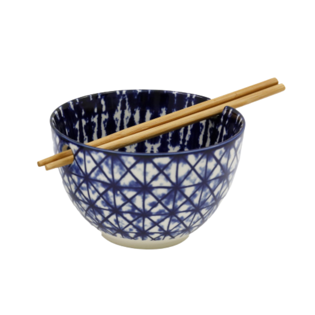 Blue & White Ceramic Noodle Bowl with Chopsticks | 2 designs