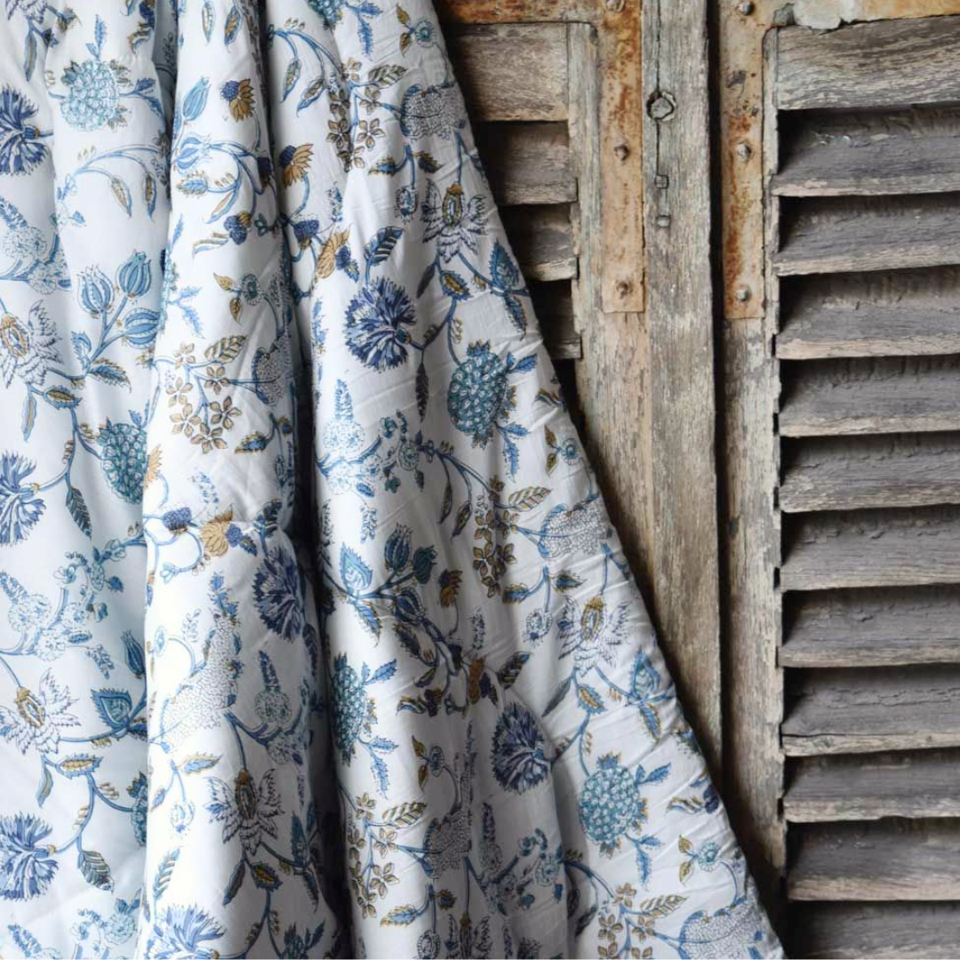 Blue & White Floral Quilted Bedspread