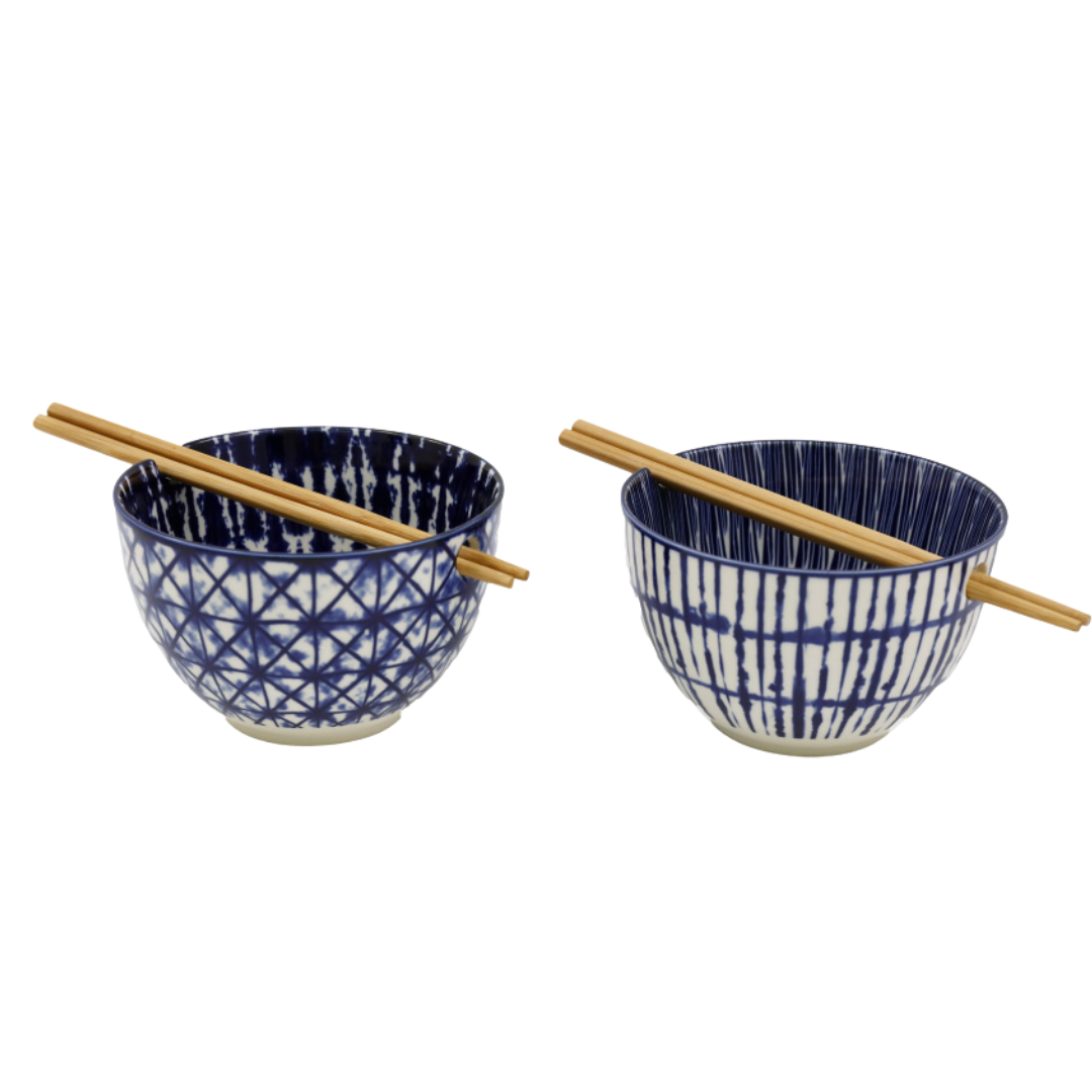Blue & White Ceramic Noodle Bowl with Chopsticks | 2 designs