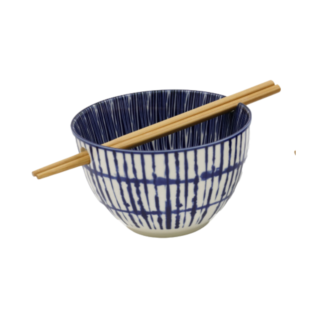 Blue & White Ceramic Noodle Bowl with Chopsticks | 2 designs