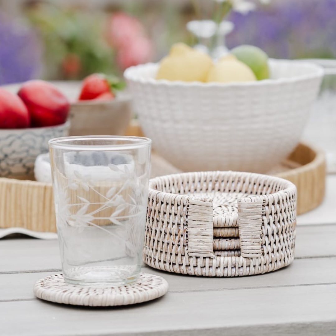 Rattan Round Coasters in Holder