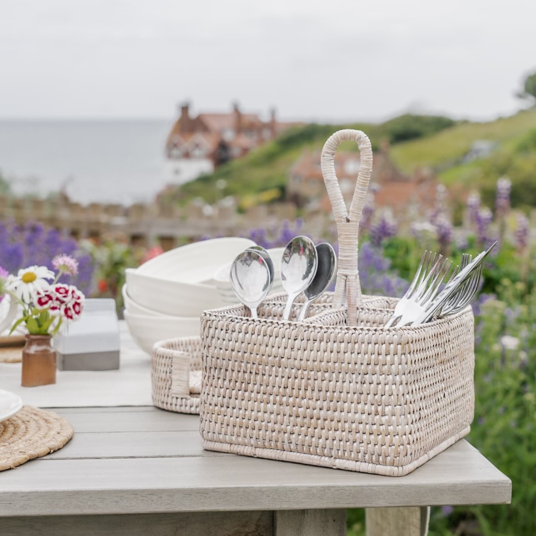 Square Rattan Condiment & Cutlery Holder