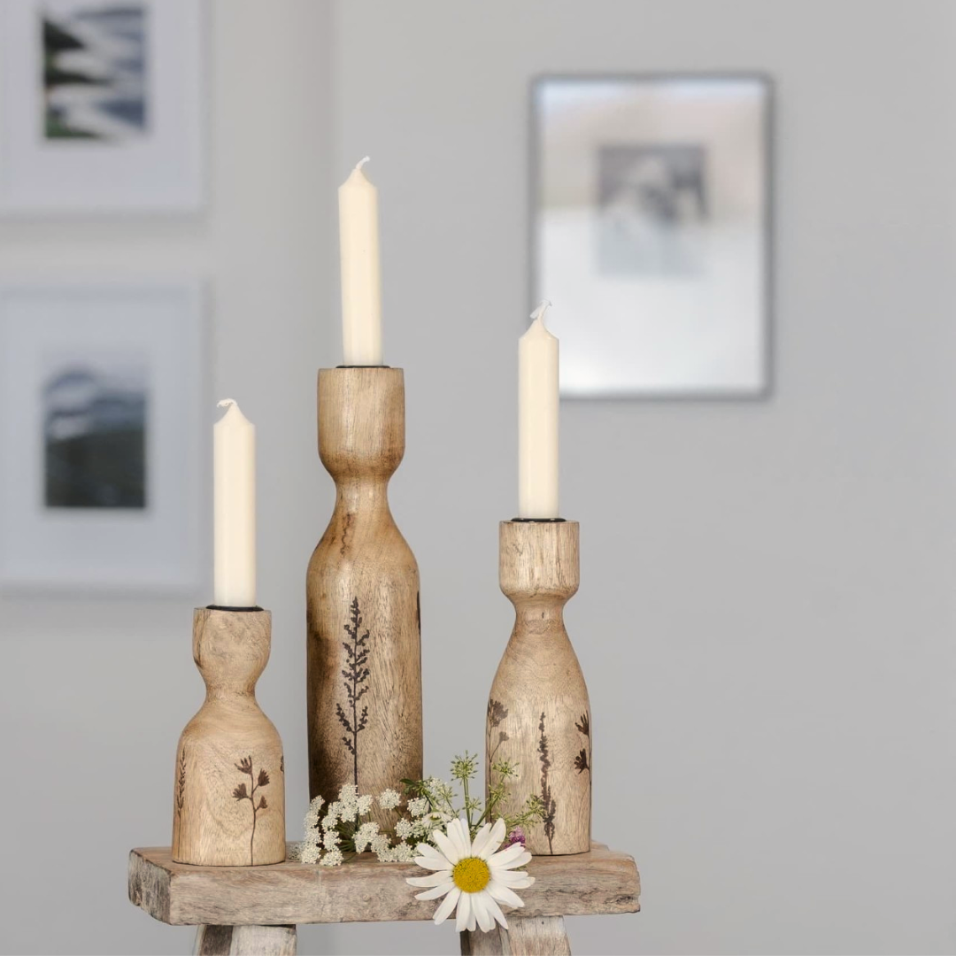 Wildflower Etched Wood Kamina Candlestick Holder | Small, Med & Large