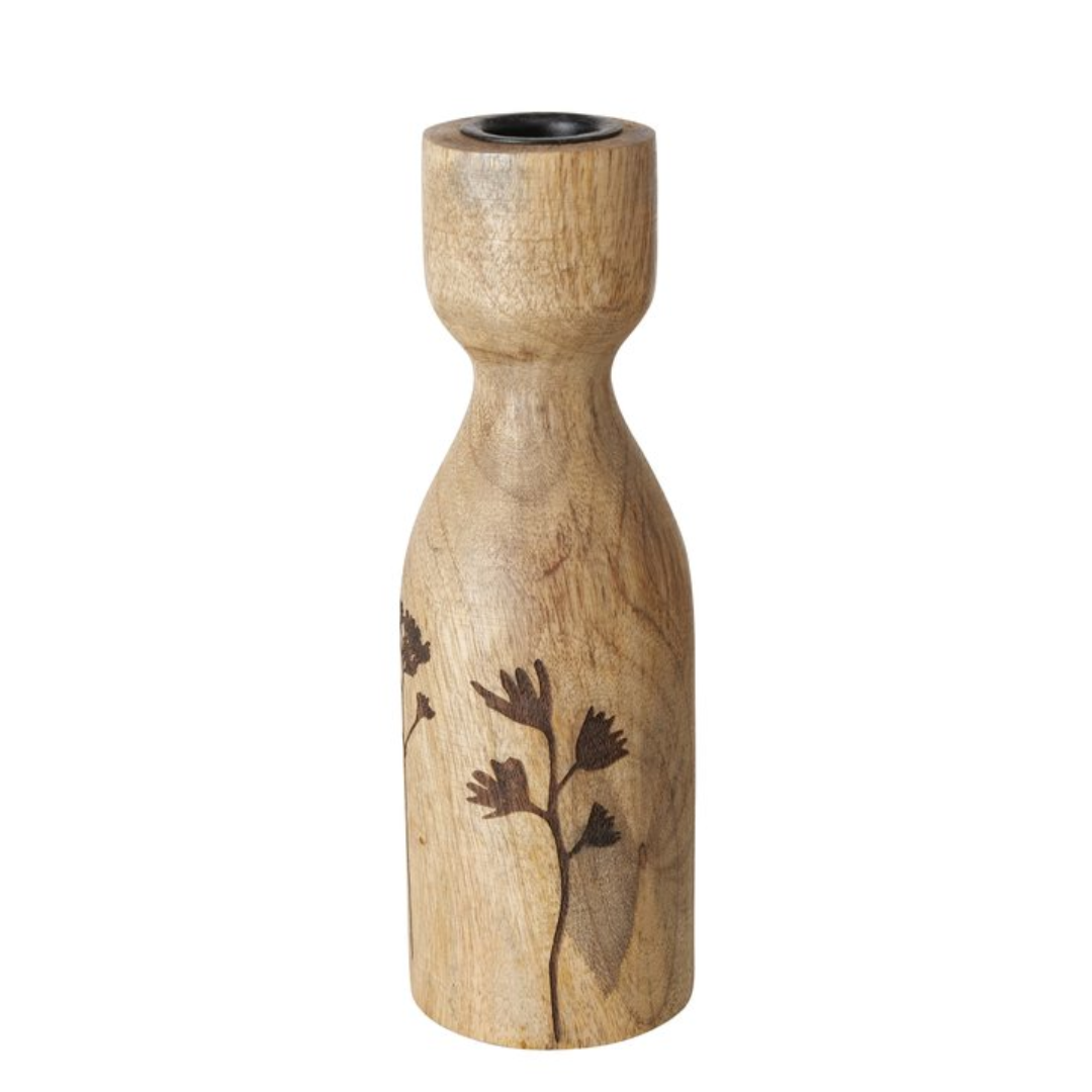 Wildflower Etched Wood Kamina Candlestick Holder | Small, Med & Large