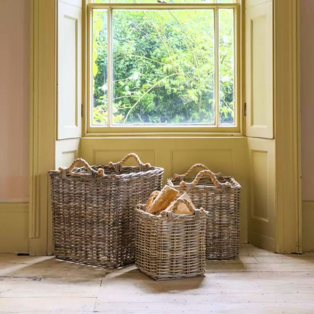 Square Rattan Log Basket with Rope Handles | 3 sizes