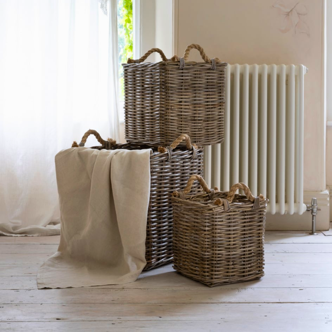 Square Rattan Log Basket with Rope Handles | 3 sizes