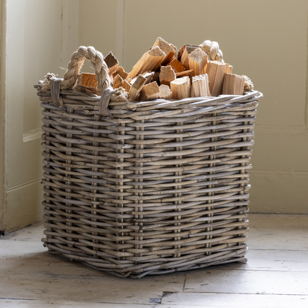 Square Rattan Log Basket with Rope Handles | 3 sizes