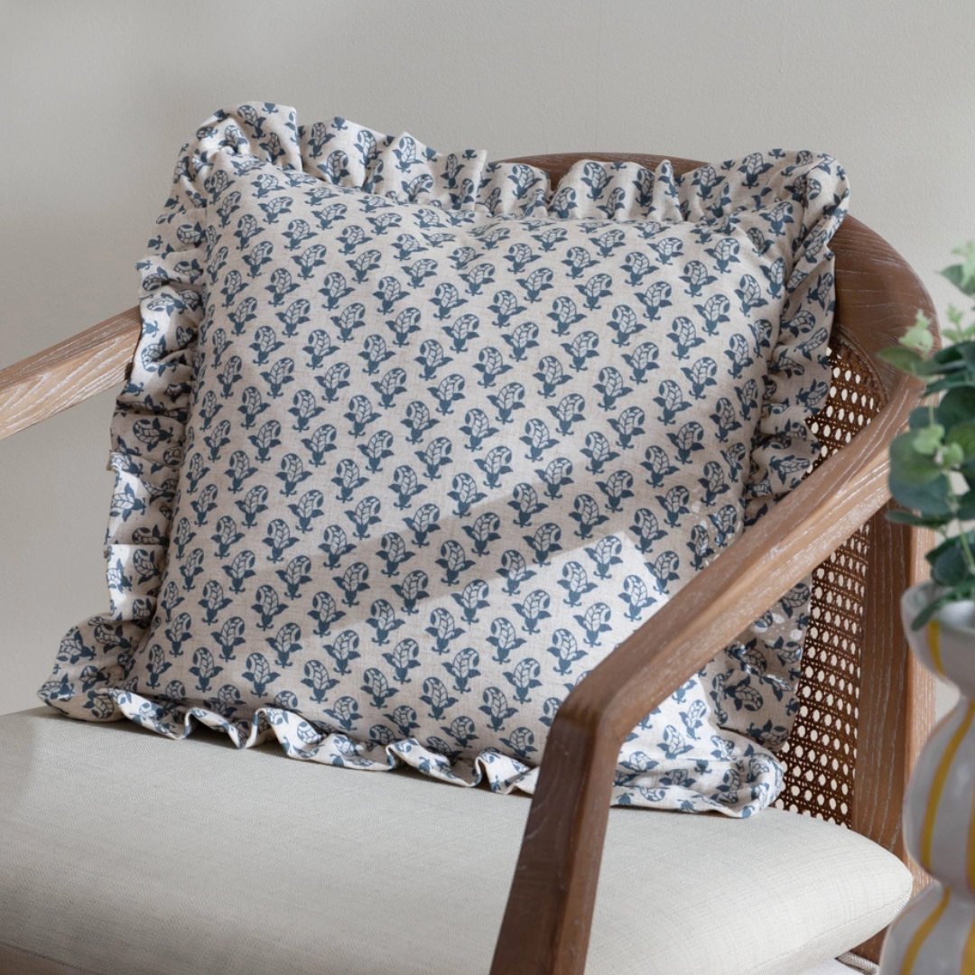 Block Print Lulah Ruffle Cushion | Dusty Blue