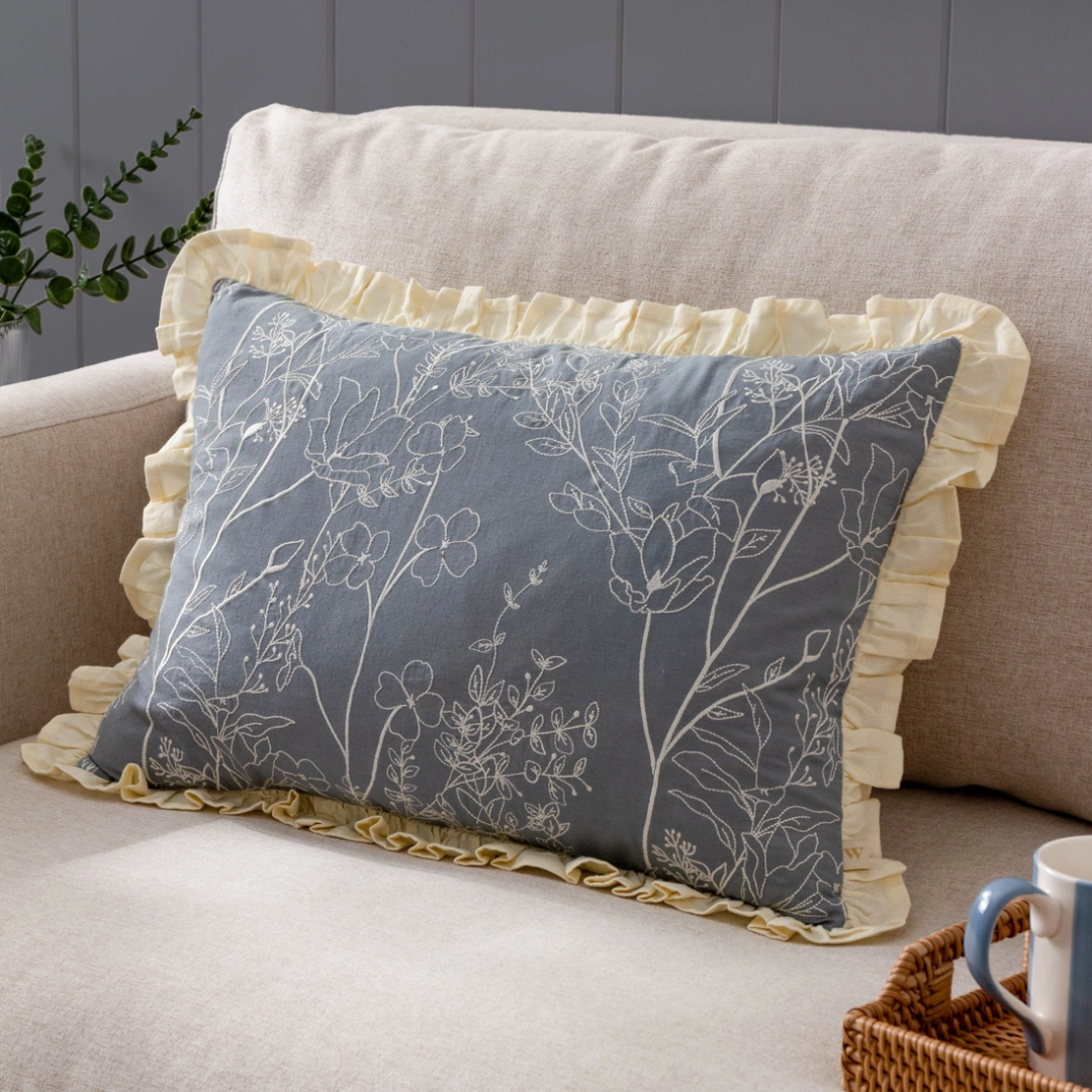 Floral Embroidered Ruffle Cushion | French Blue