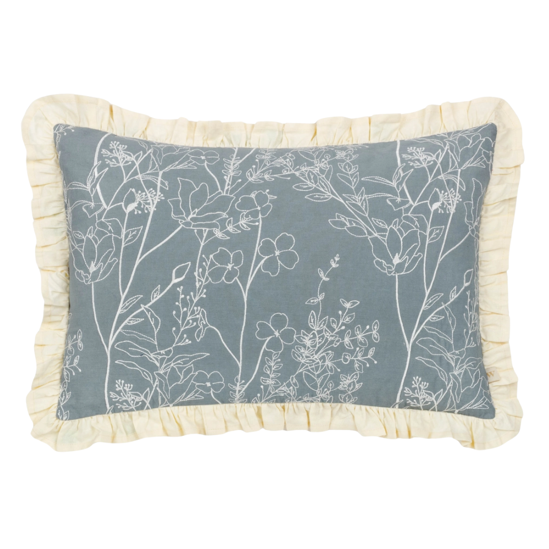 Floral Embroidered Ruffle Cushion | French Blue