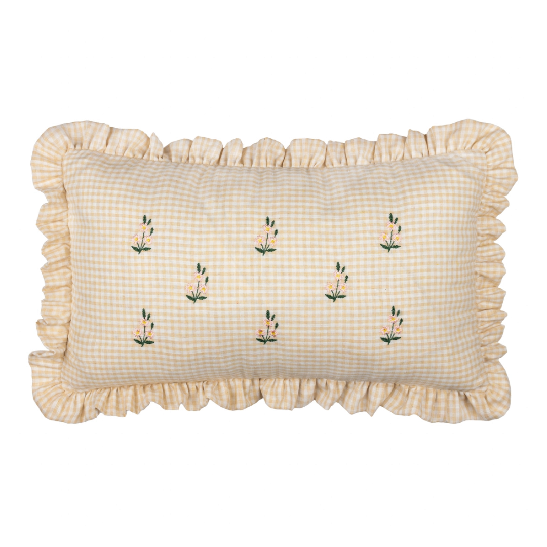 Embroidered Flowers Gingham Ruffle Cushion | Yellow Beige