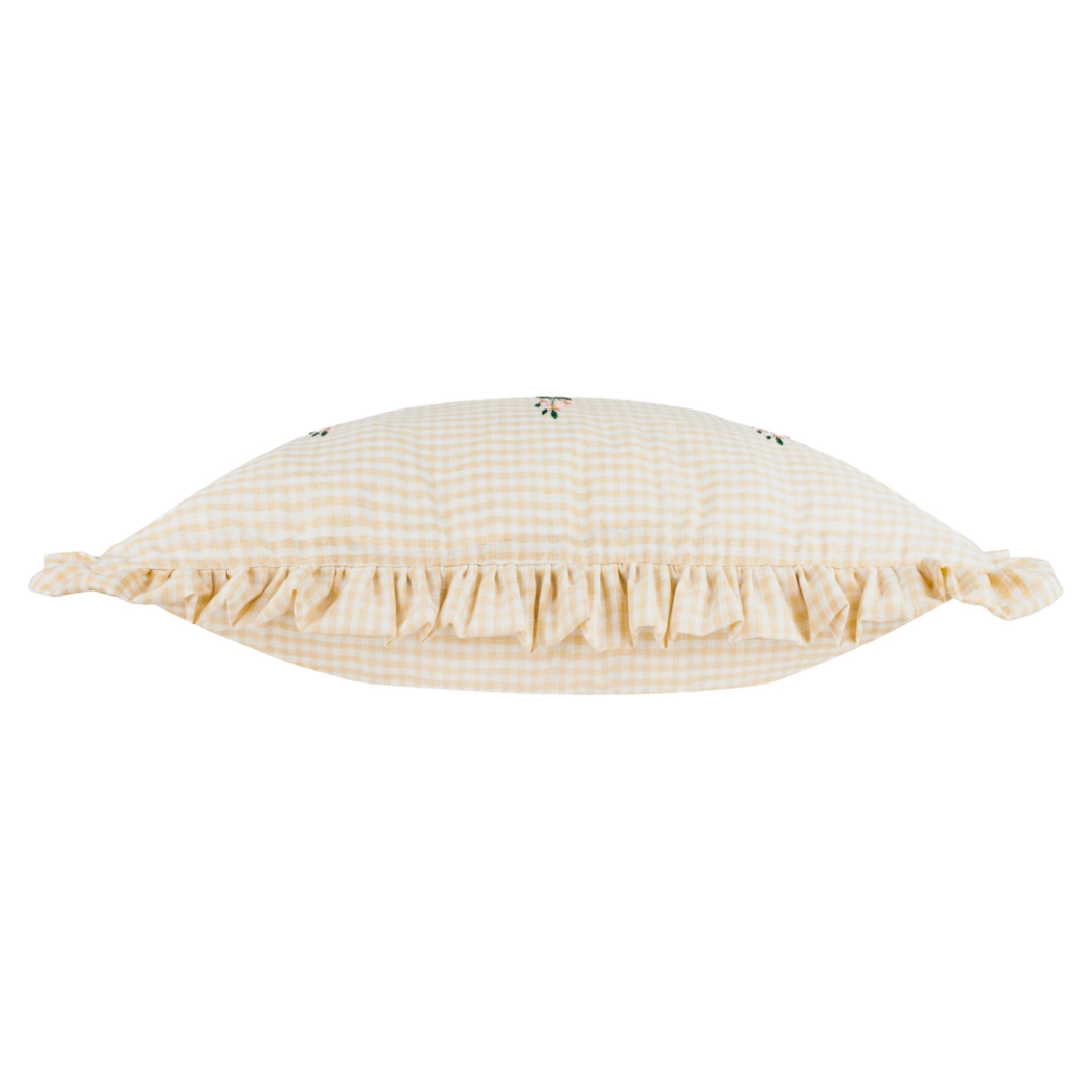 Embroidered Flowers Gingham Ruffle Cushion | Yellow Beige