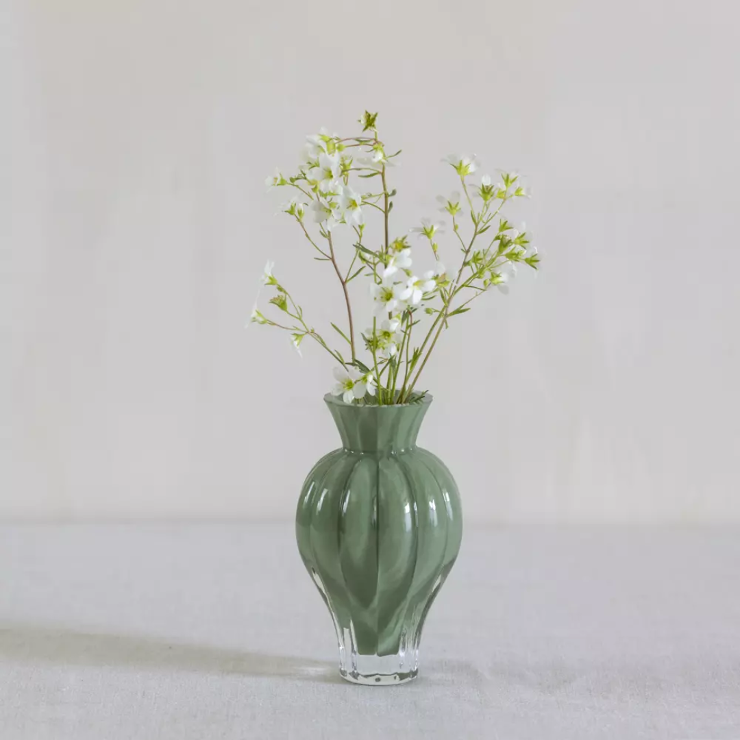 Green Ribbed Glass Posy Vase