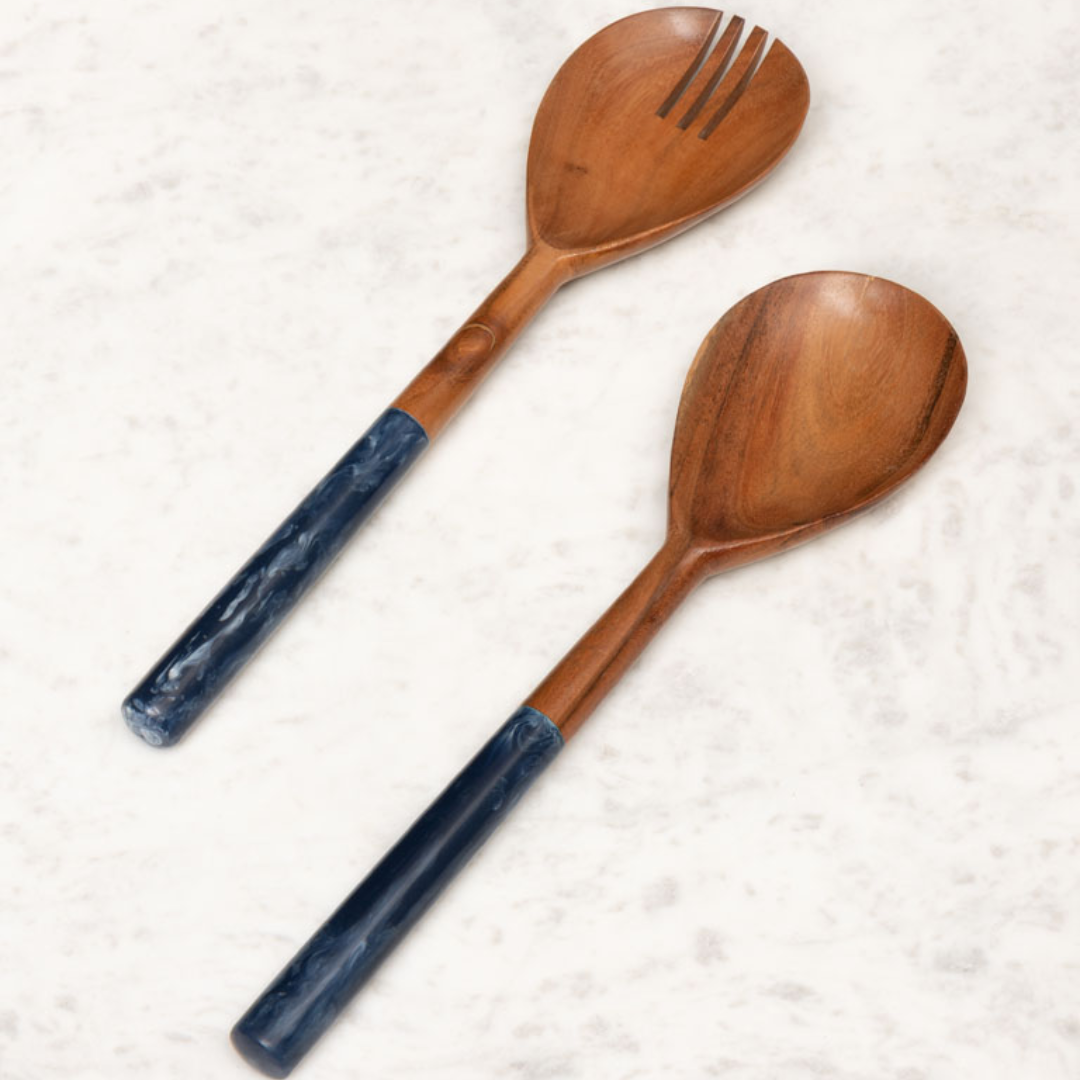 Wooden Salad Servers with Blue Handles