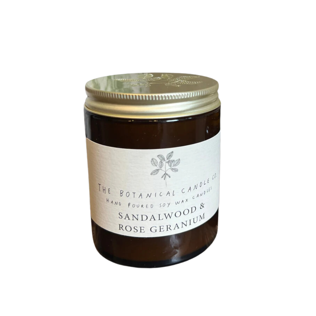 Sandalwood & Rose Geranium Scented Soy Botanical Candle
