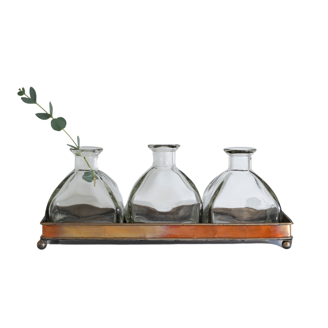 Copper Tray with 3 Glass Bottles