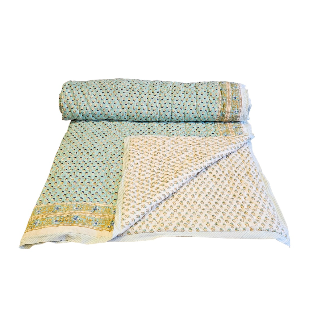 Turquoise & Mustard Block Print Quilted Bedspread