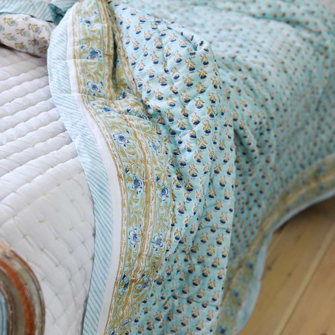Turquoise & Mustard Block Print Quilted Bedspread