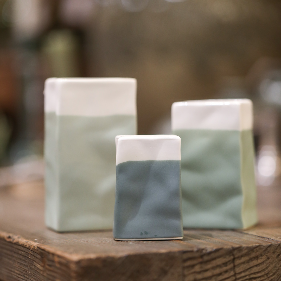Set of 3 Miniature Paper Bag Porcelain Vases | Green