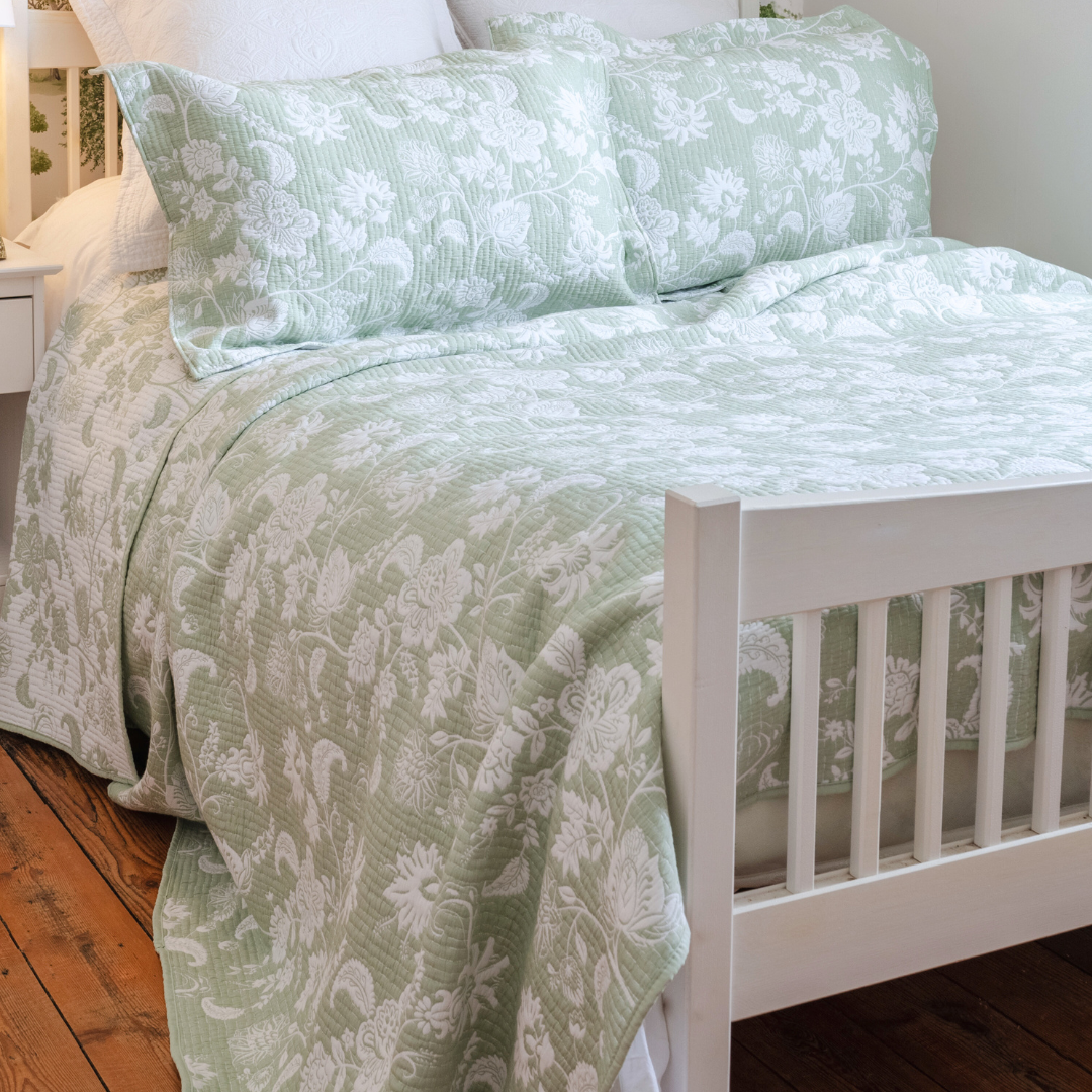 Jacquard Style Floral Bedspread | Sage Green & White