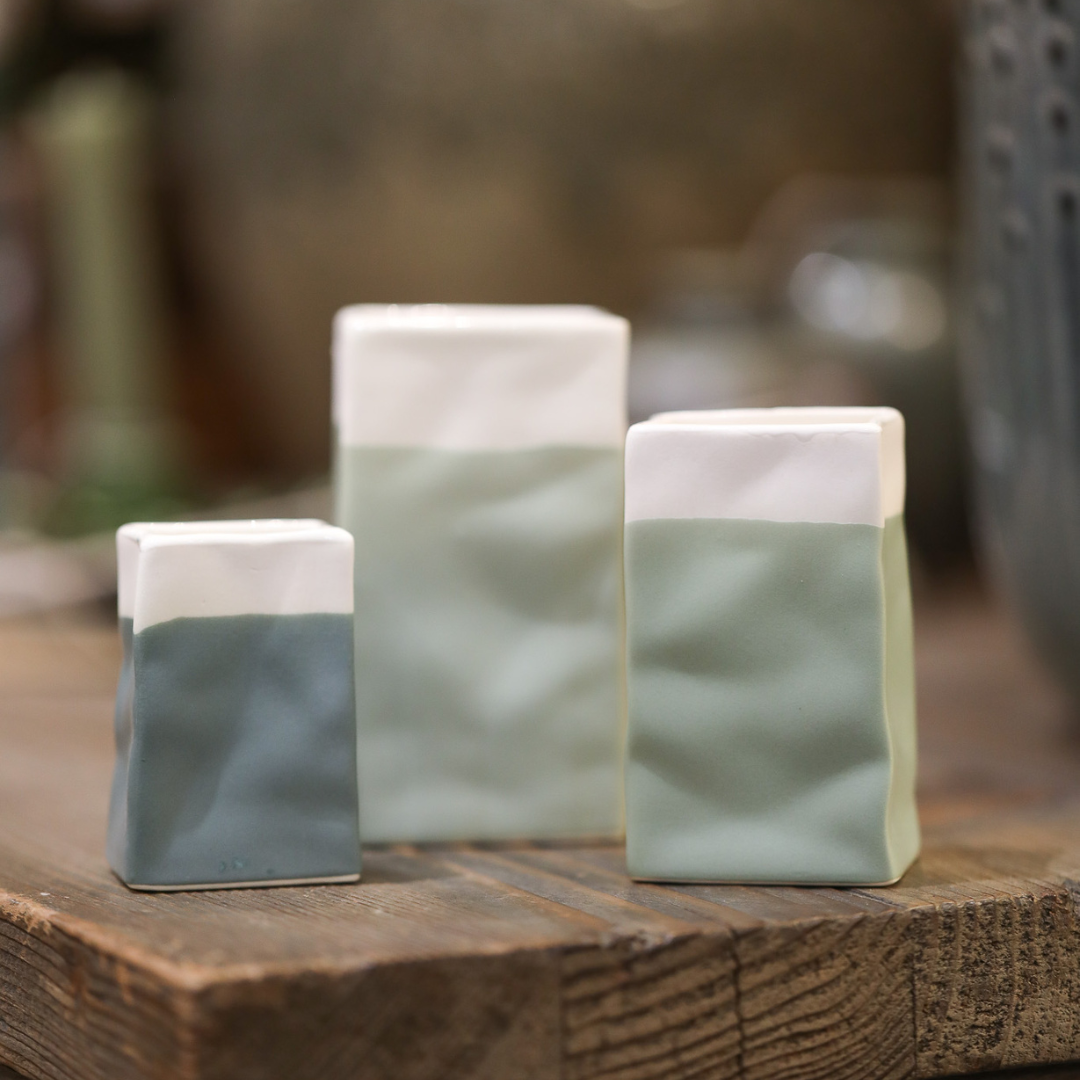 Set of 3 Miniature Paper Bag Porcelain Vases | Green