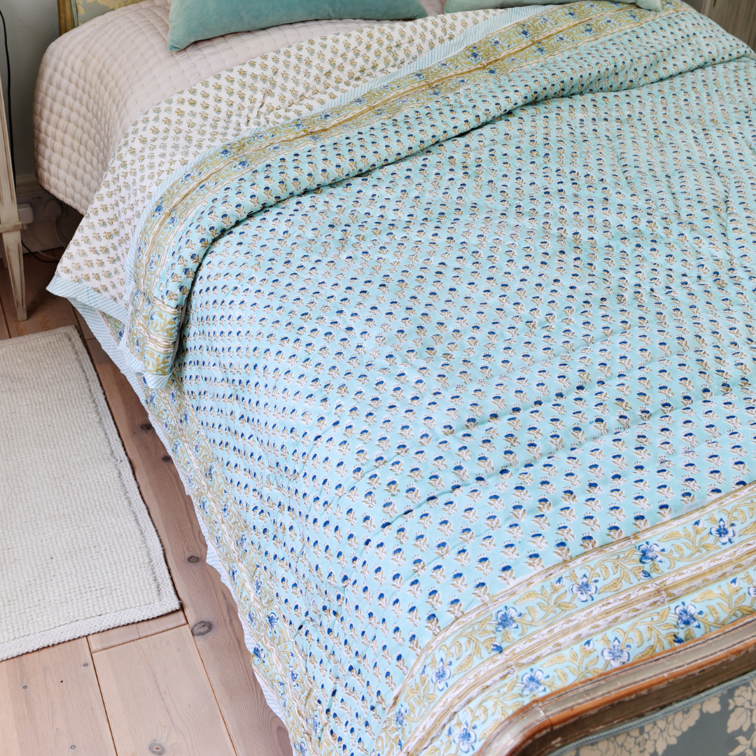 Turquoise & Mustard Block Print Quilted Bedspread