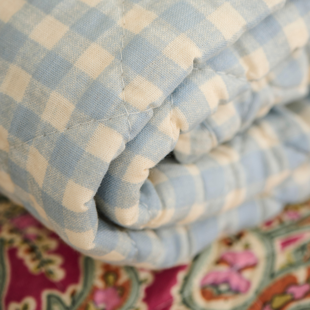 Light Blue Gingham Cotton Quilt