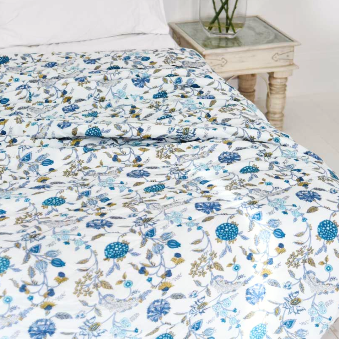 Blue & White Floral Quilted Bedspread