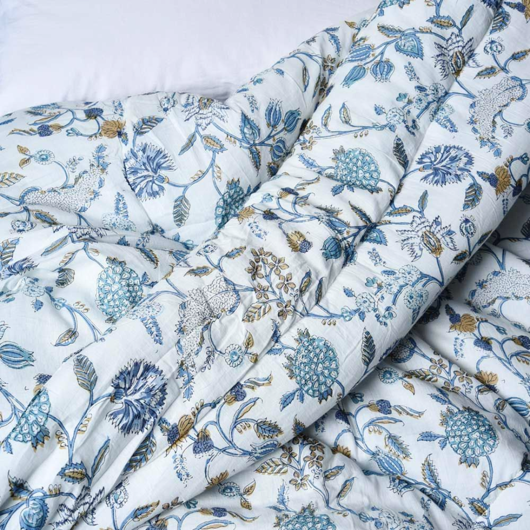 Blue & White Floral Quilted Bedspread