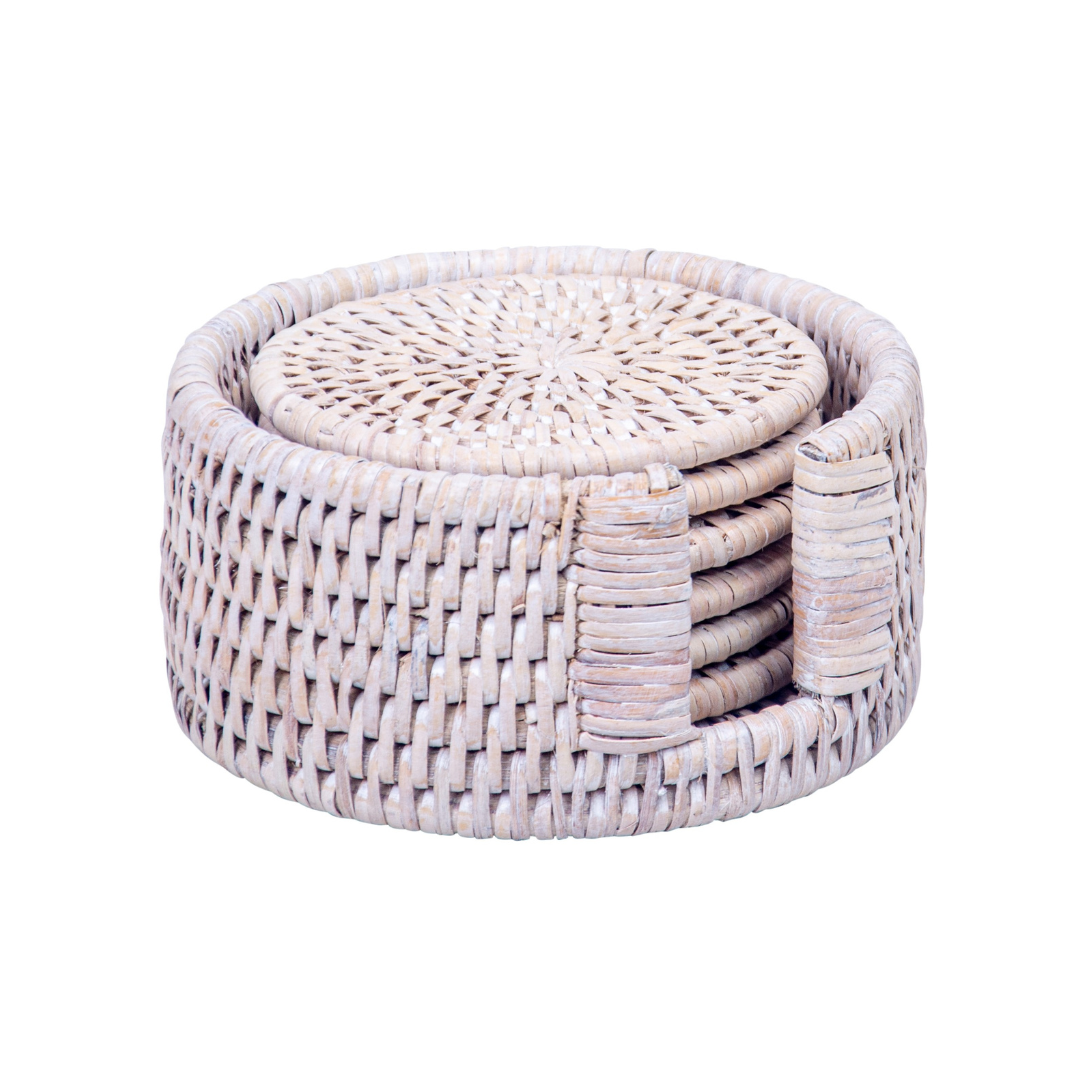 Rattan Round Coasters in Holder
