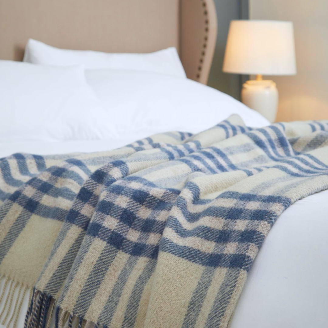 Blue Slate & Cream Pure New Wool Check Throw | Extra Large