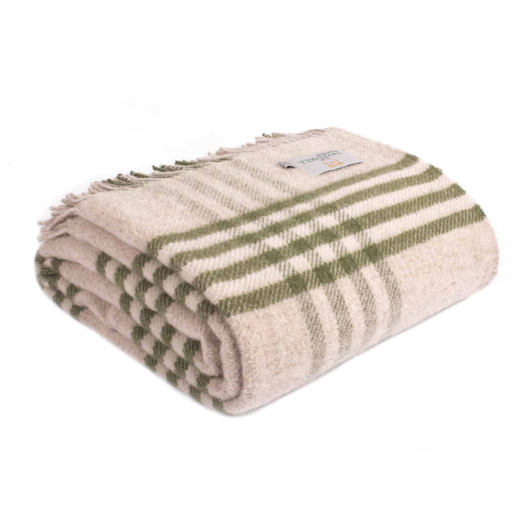 Olive Green & Cream Pure New Wool Throw | Extra Large