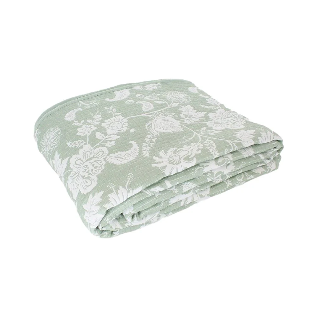 Jacquard Style Floral Bedspread | Sage Green & White