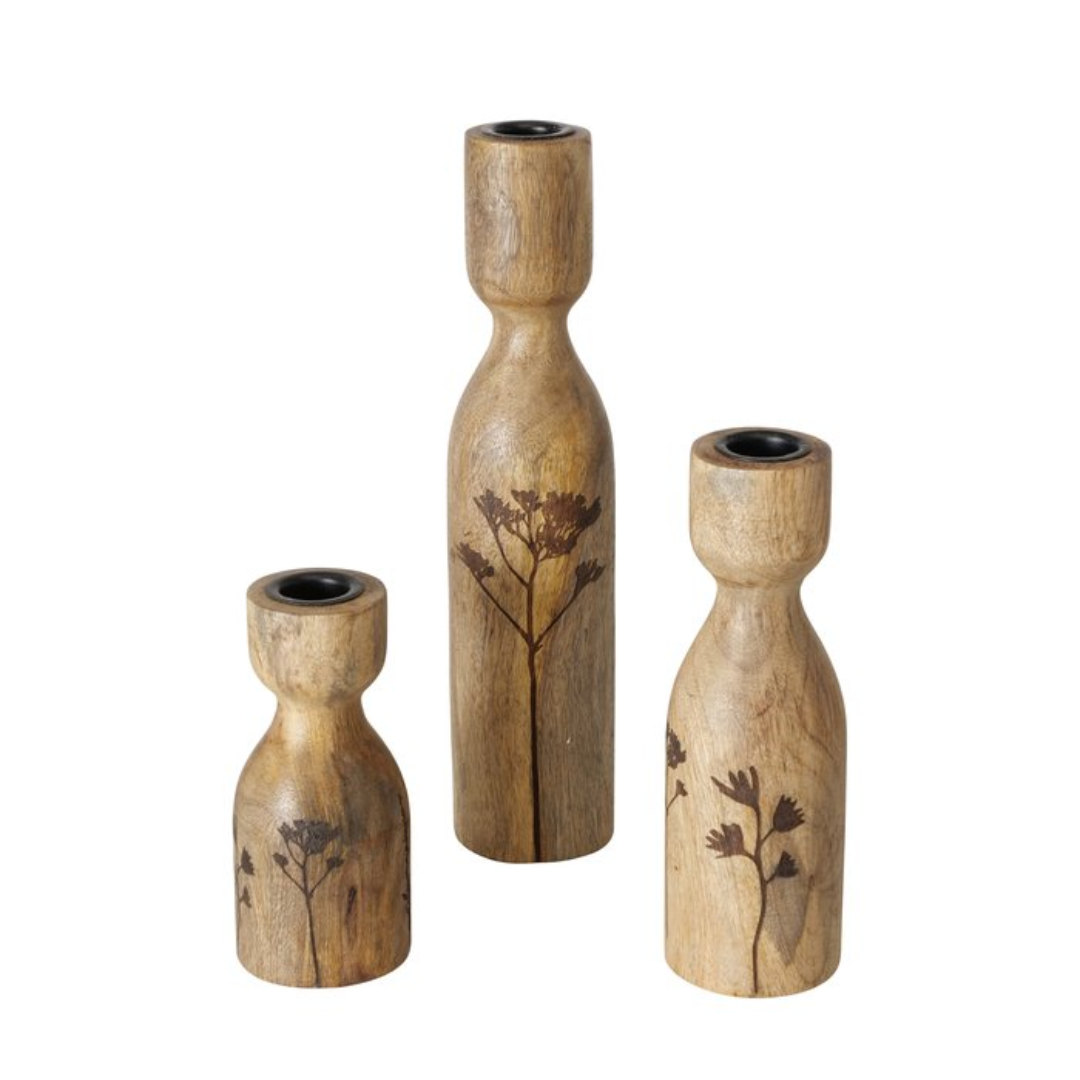 Wildflower Etched Wood Kamina Candlestick Holder | Small, Med & Large