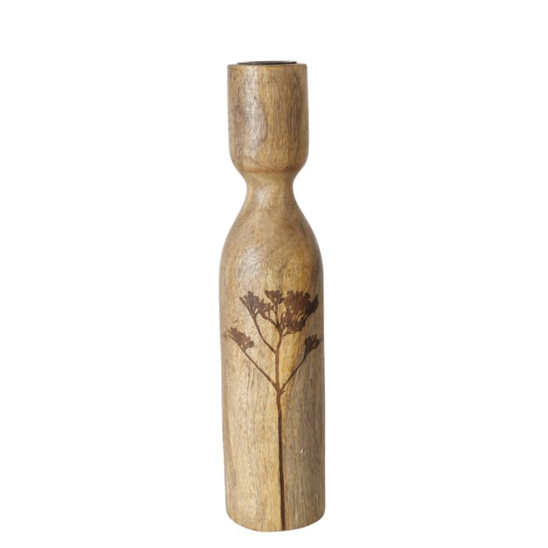 Wildflower Etched Wood Kamina Candlestick Holder | Small, Med & Large