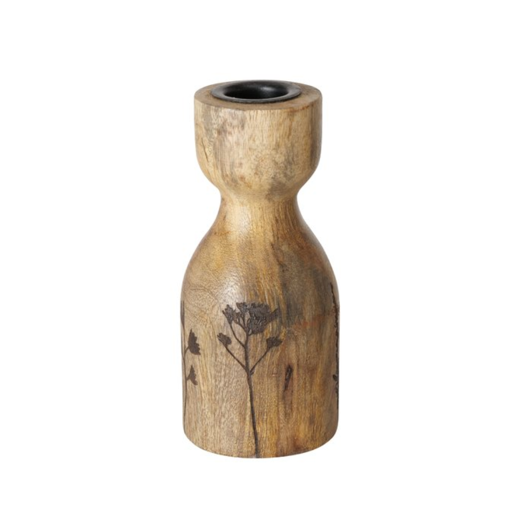 Wildflower Etched Wood Kamina Candlestick Holder | Small, Med & Large