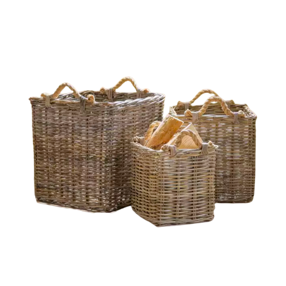 Square Rattan Log Basket with Rope Handles | 3 sizes
