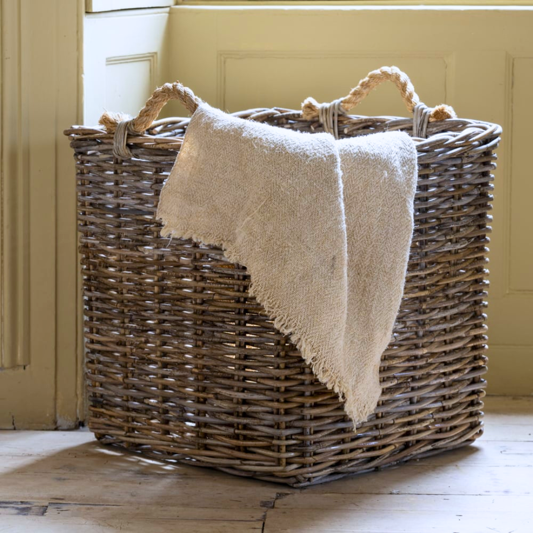Square Rattan Log Basket with Rope Handles | 3 sizes