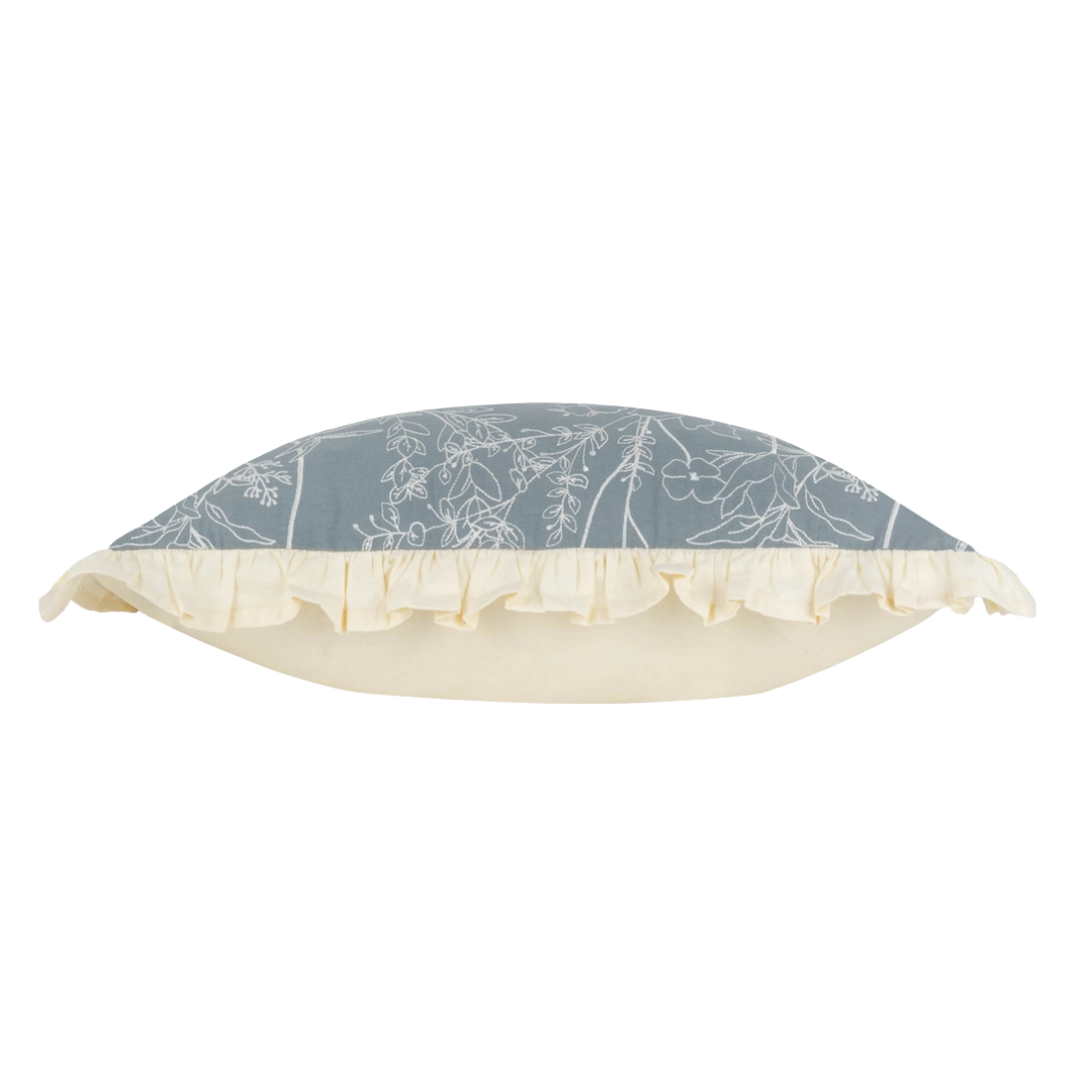Floral Embroidered Ruffle Cushion | French Blue
