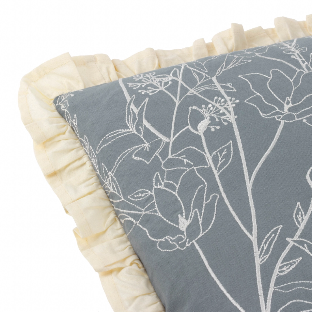 Floral Embroidered Ruffle Cushion | French Blue