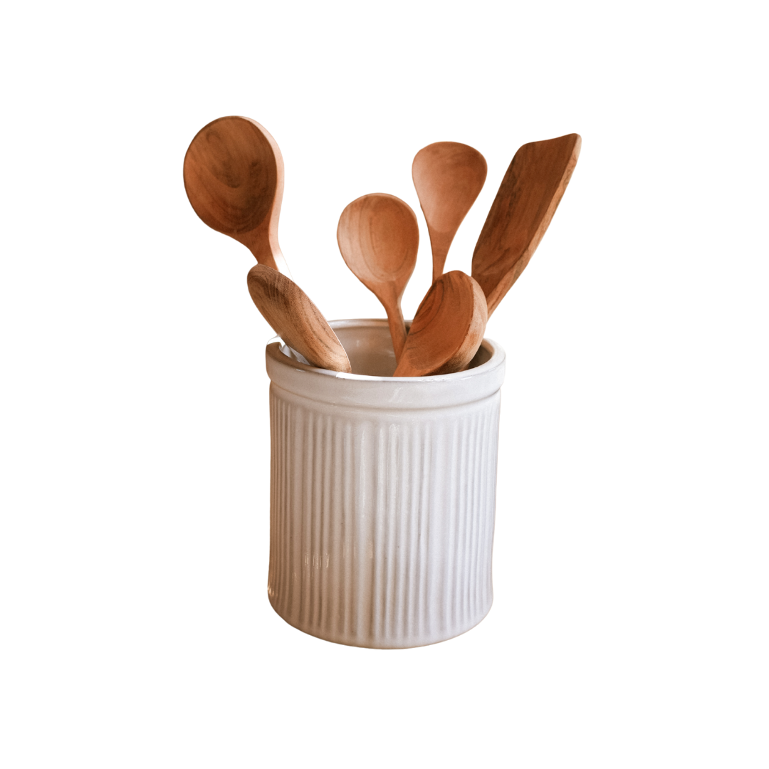 Ribbed Stoneware Utensil Pot