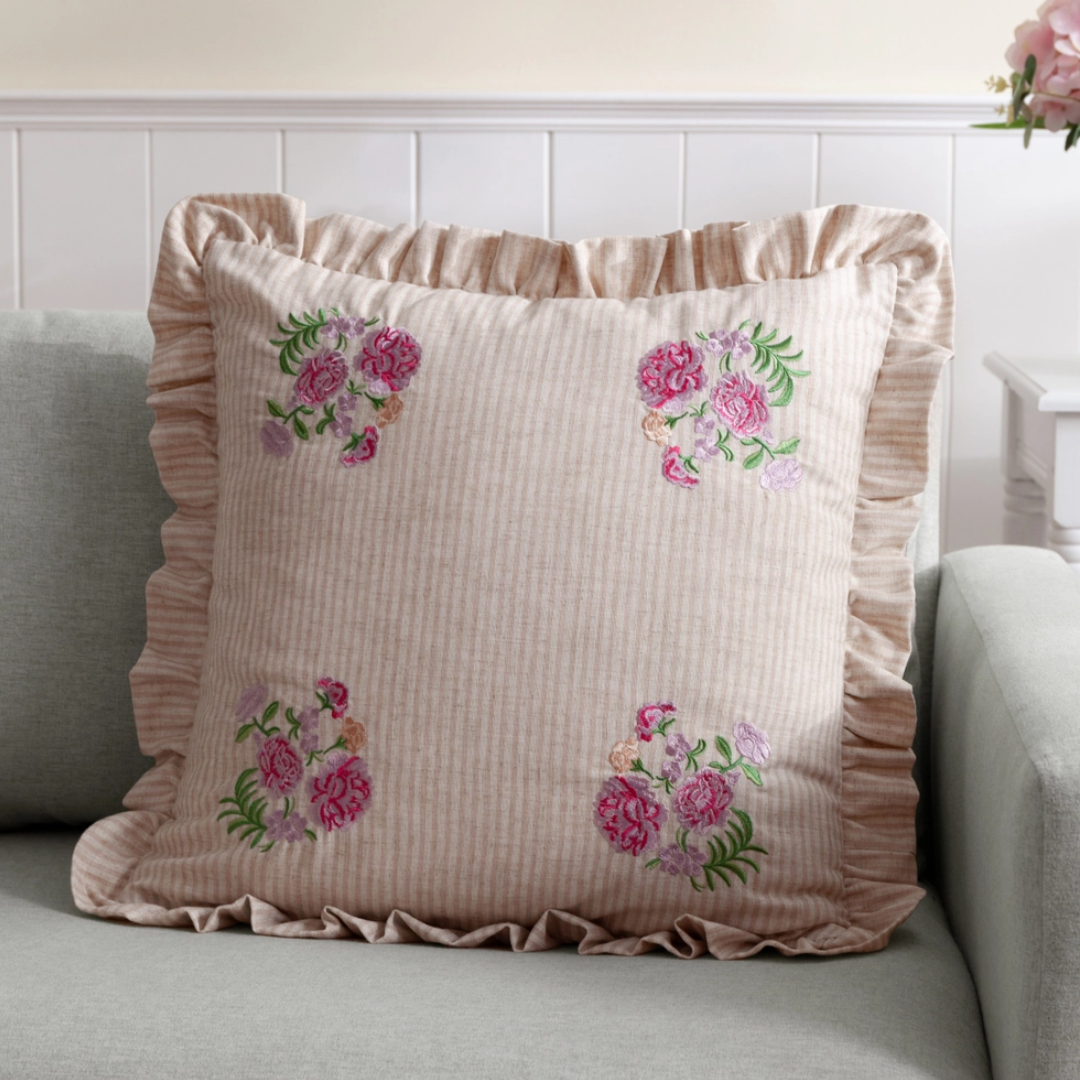 Martha Embroidered Ruffle Cushion | Pale Pink