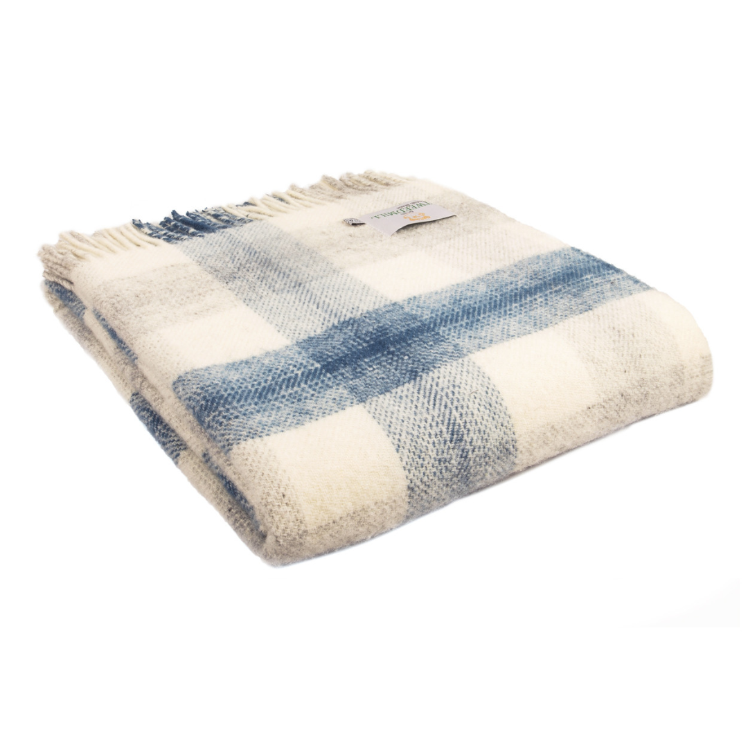 Meadow Check Pure New Wool Throw | Cream & Blue