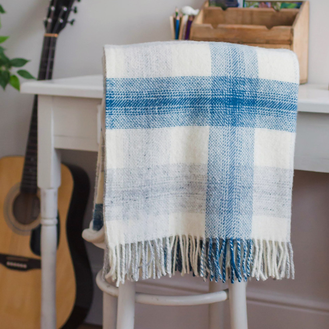 Meadow Check Pure New Wool Throw | Cream & Blue