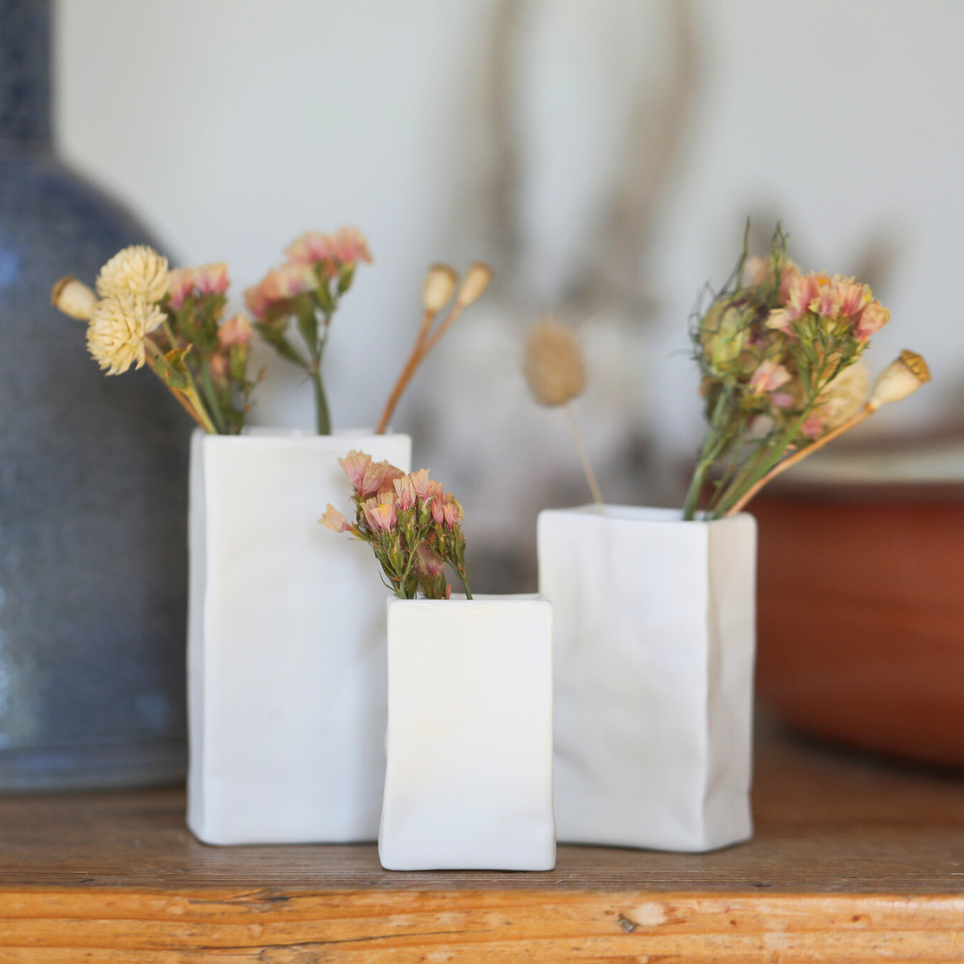 Set of 3 Miniature Paper Bag Porcelain Vases | White