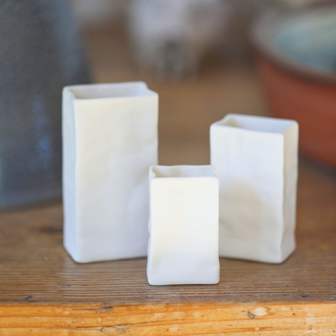 Set of 3 Miniature Paper Bag Porcelain Vases | White