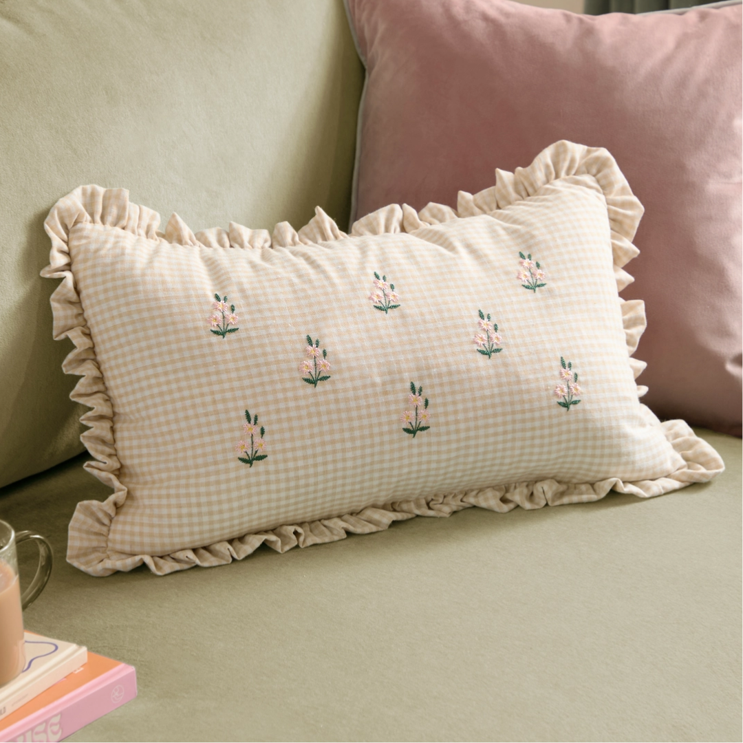 Embroidered Flowers Gingham Ruffle Cushion | Yellow Beige