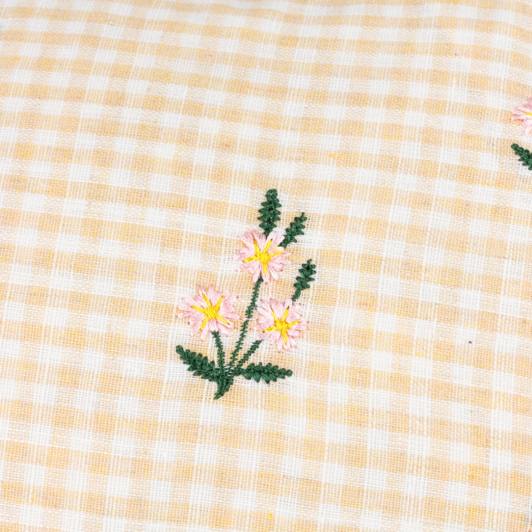 Embroidered Flowers Gingham Ruffle Cushion | Yellow Beige